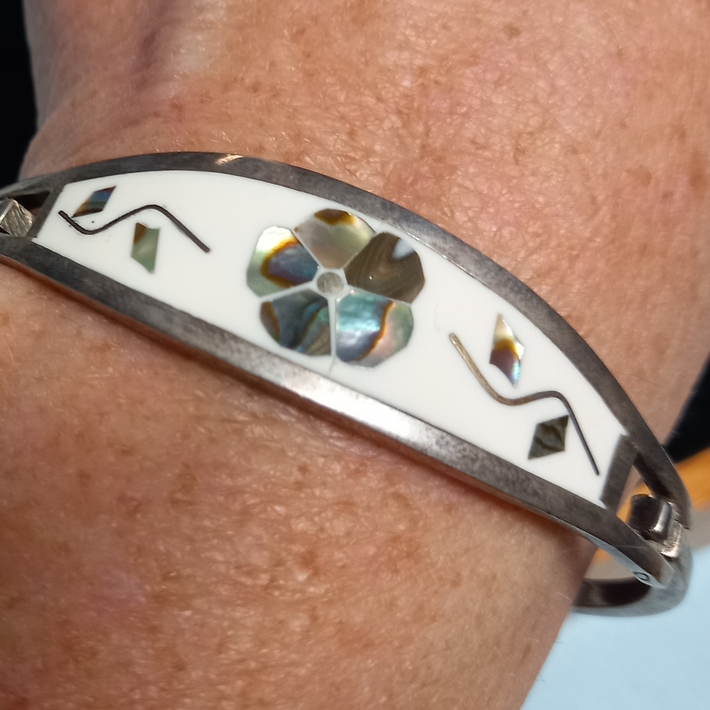 Vintage Taxco Mother of Pearl Inlay Hinged Cuff Bracelet